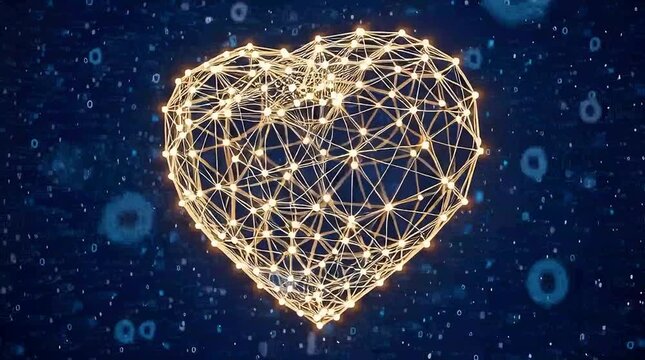 Digital heart shape glowing golden light network connections technology love concept futuristic innovation background 3d illustration