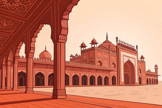 Fatehpur Sikri minimal arches, burnt red sandstone palette