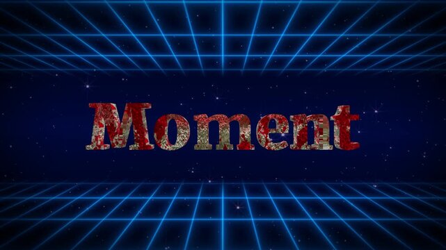 Glitchy text animation of 'moment' on blue grid background with red and gold effect