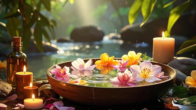 Tranquil spa scene featuring floating flowers, candles, and essential oil bottle near water.