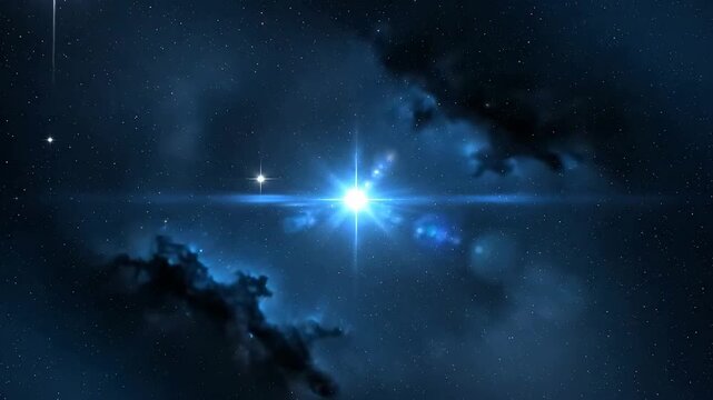 Beautiful space scene featuring bright stars and dark blue nebula clouds.