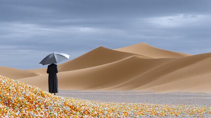 Surreal 3D render of a "Work-from-home" concept: a floating office chair on a giant pink cloud in the middle of a blue desert, copy space