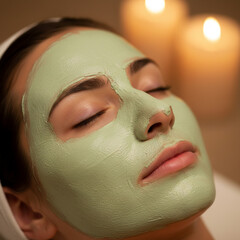 Woman with Green Face Mask Relaxing with Eyes Closed Near Candles