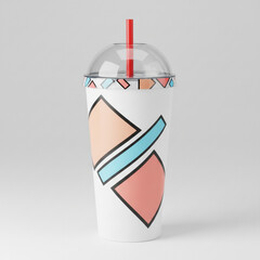 Abstract Geometric Patterned Smoothie Cup with Red Straw on White Background