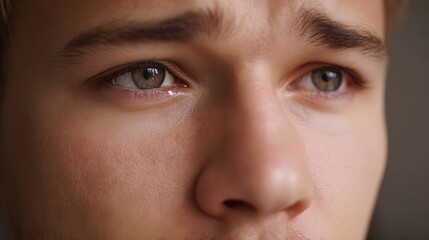 Fototapeta premium Extreme close up of a young man s expressive tear filled eyes reflecting profound sadness sorrow and emotional vulnerability