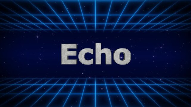 Futuristic 3d echo text animation with blue grid background and shiny metallic letters