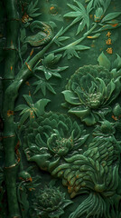 Fototapeta premium Intricate phoenix and vine design on jade panel high-resolution photo
