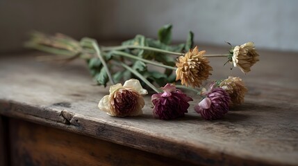 Naklejka premium A bouquet of wilted flowers rests on a weathered wooden table evoking a sense of vintage tranquility