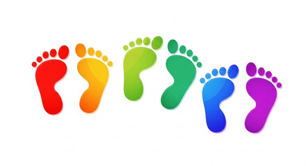 Rainbow footprints walking forward on white background symbolizing diversity and progress