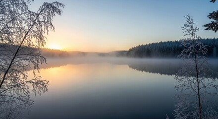 Morning mist rises over a still lake framed by frost-covered branches during sunrise.