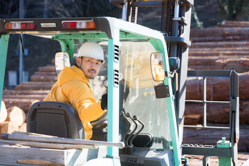 フォークリフトで木材を運ぶ作業員　後方確認(多摩木材センター協同組合プロパティ許可ずみ）