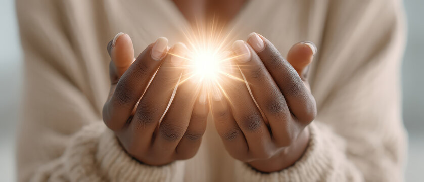 Healing hands light spiritual energy glow reiki therapy concept warm human touch mindfulness meditation calm hope and faith inner peace soft focus closeup