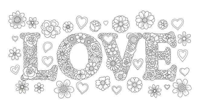 An intricate floral design forms the word love embellished with hearts and detailed botanical illustrations high quality professional