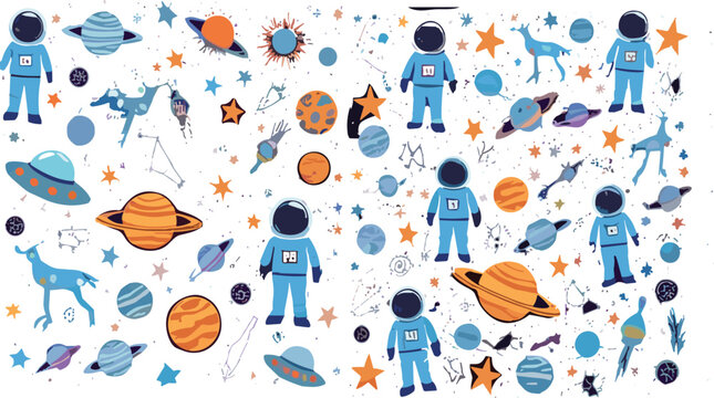 Seamless cartoon space pattern with astronauts planets stars and rockets, colorful outer space background, playful kids vector illustration