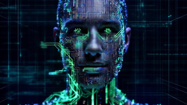 Portrait of face composed of dissolving digital pixels and flowing green code. Realistic dynamic innovative telecom brand advertising, commercial.