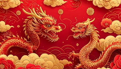 Fototapeta premium Traditional Chinese Dragons Amidst Golden Clouds and Red Floral Motifs Symbolizing Good Fortune