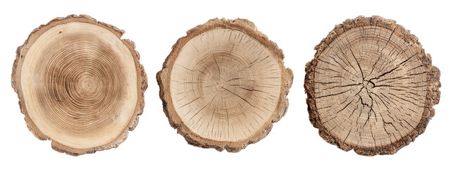 Three cross-sections of wood showing concentric rings, cracks, and textured bark edges