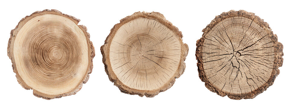 Three cross-sections of wood showing concentric rings, cracks, and textured bark edges