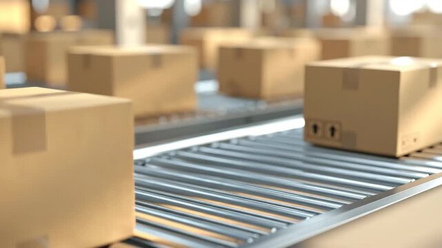 Cardboard boxes moving along a conveyor belt in a warehouse, ready for shipping.