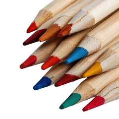 Close-up of colored pencils arranged, highlighting various vibrant tips