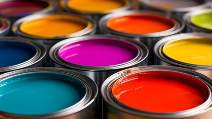 Fototapeta premium Vibrant colorful paints in open cans creating a spectrum