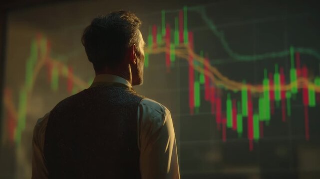 Man back view trader watching financial trading stock chart candlestick market analysis investment strategy, man vest studying digital stock chart with candle patterns and moving averages