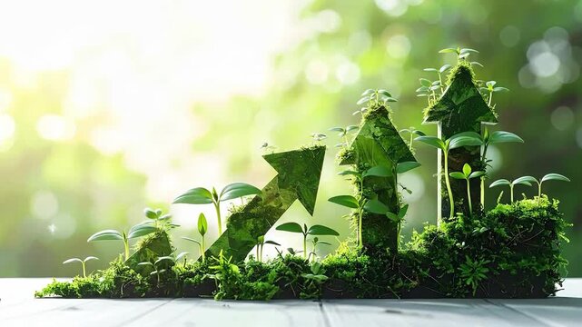 Green arrow shapes growing upwards from moss and plants, symbolizing growth in nature, soft light.