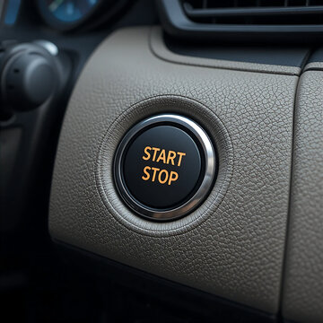 Car interior with illuminated start stop button set in textured leather dashboard, signaling readiness for urban commute or road trip.