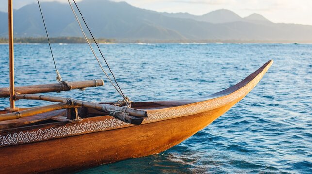 outrigger. A traditional Polynesian canoe with an outrigger floating on a calm blue sea. mobility guides, transit brochures, designed for mobility and urban transit guides.