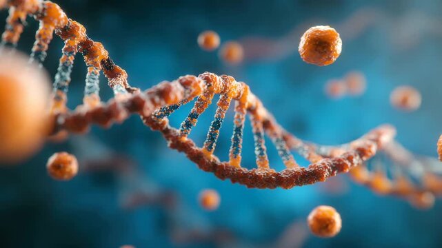 Double helix dna strand molecular structure microscopic biology concept with orange protein particles floating blue background conveying scientific wonder and dynamic movement and floating blue