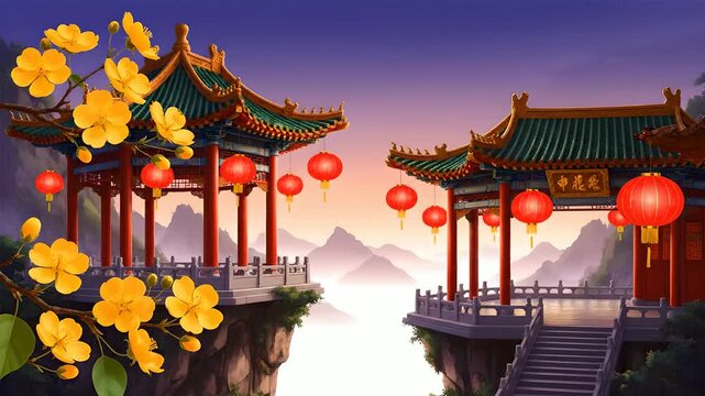 Serene traditional Chinese pagodas with vibrant red lanterns and yellow plum blossoms set against a misty mountain twilight, perfect for Lunar New Year, cultural events, or Asian travel themes.