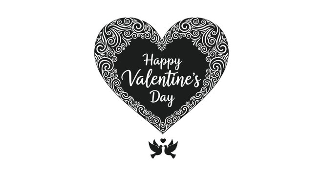 A delicately outlined heart shape displays a valentine s day message with floral swirls and a small bird illustration