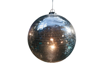 A large disco ball, with many small reflective squares. Hanging in front of a black background