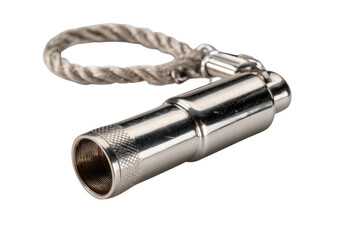 A close-up, high-angle view of a metallic, cylindrical key fob with a braided steel loop