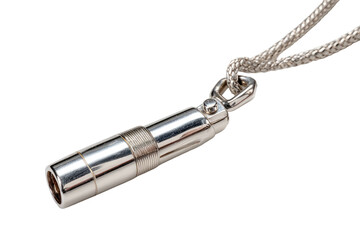 Close-up of a silver cylindrical pendant with a chain, isolated against a black background