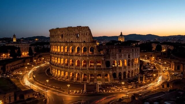 Colosseum Rome day to night time lapse aerial view of ancient roman stadium landmark at dusk with city traffic