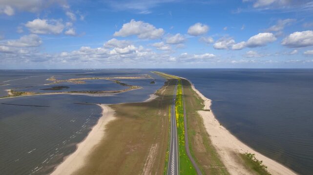 Aerial drone footage flying over the scenic markerwaarddijk, a causeway separating the markermeer from the ijsselmeer