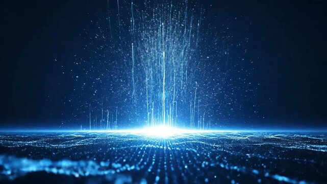 Abstract data streams rise from a sparkling digital landscape under a dark blue glow.