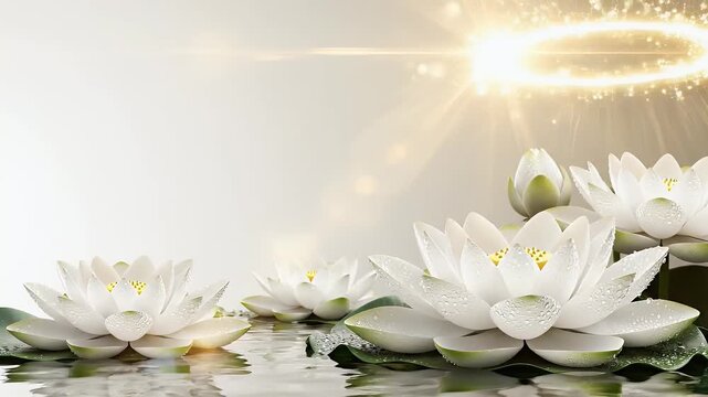 Mahavir Jayanti White Lotus Flowers with Divine Glowing Halo Soft Cream Background