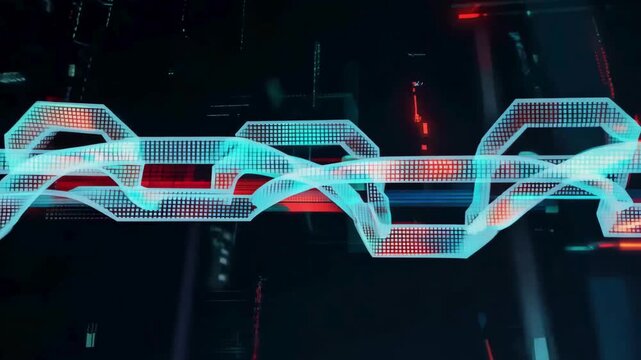 Futuristic Cyberpunk Blockchain Network Animation. Digital data transmission through glowing cyan and red links in a dark virtual space.