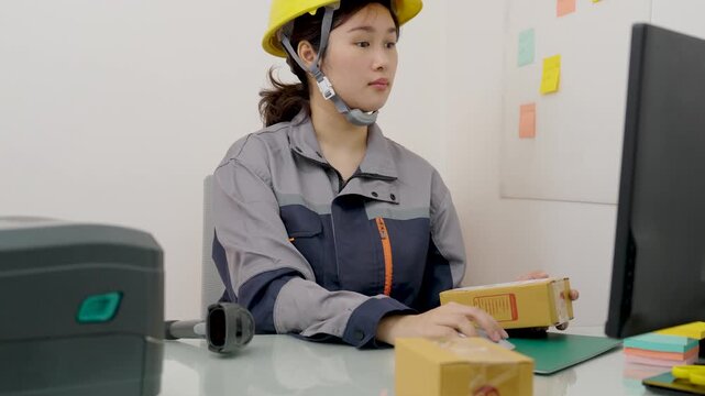 Asian female engineer handle parcel boxes by reading the barcode stickers with a barcode scanner to record the information in the computer.