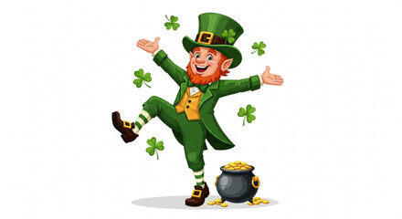 Fototapeta premium Leprechaun dancing with pot of gold and shamrocks on st patrick's day festive cartoon character