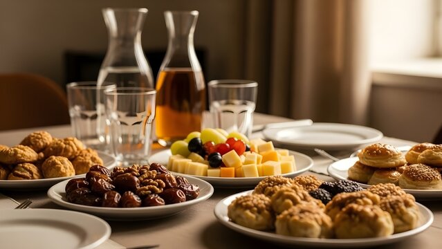 Ramadan iftar table setting with traditional food and drinks
