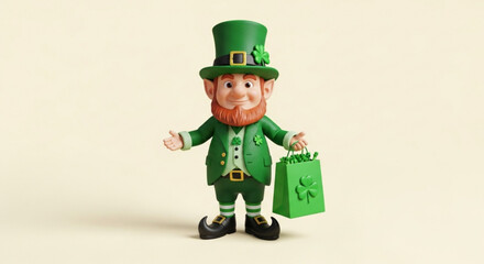 Friendly leprechaun in green suit and hat holds shopping bag on st patrick's day with cheerful expression and welcoming gesture