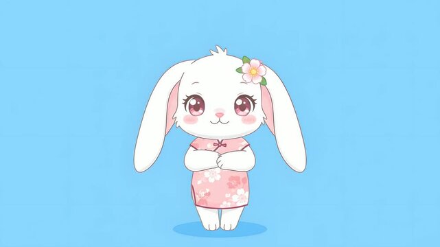 Cute animated white rabbit character wearing a pink floral Qipao, winking, smiling, and waving with ears dropping and perking. Perfect for Chinese New Year, Lunar New Year greetings,