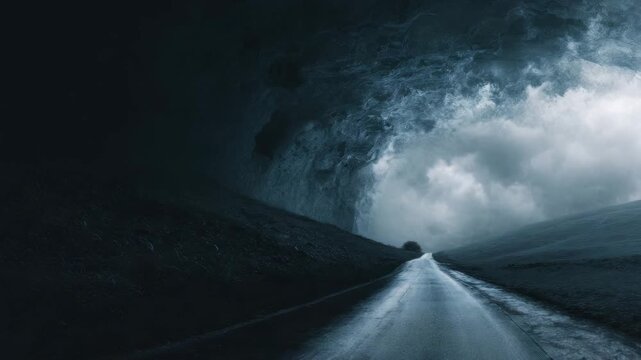Lonely wet road leading into dramatic stormy sky with dark cloud moody lighting evoking tension and mystery. lonely wet road toward dramatic storm cloud formation over dark hills moody atmospheric