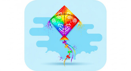 Vibrant rainbow kite soaring through cloudy sky with colorful tail and swirling patterns in bright blue background