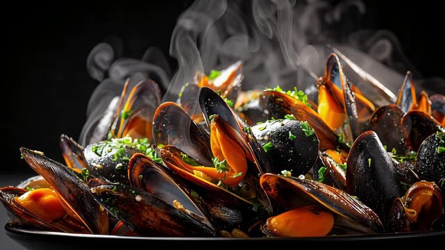 A captivating close-up of expertly steamed mussels in their shells, garnished with vibrant green herbs and releasing enticing steam, presented as a gourmet seafood delicacy
