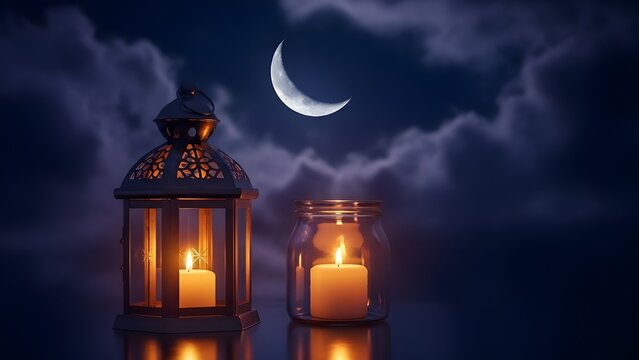 Ramadan nighttime scene with lanterns and crescent moon