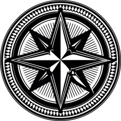 Compass Rose Emblem Nautical Navigation Star Black and White Illustration isolated  on White Background.